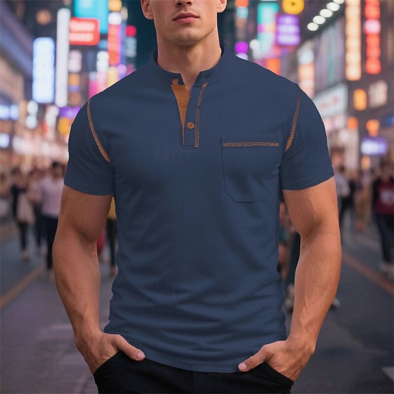 Per uomo Maglietta Maglia Henley Camicia a Maniche Corte Manica Corta Henley Estate Blocco di colori Moda Designer Essenziale Patchwork Tasca Vacanza Streetwear Uscire Vinaccia Nero Bianco Maglietta del 2025 a $15.99 –P6
