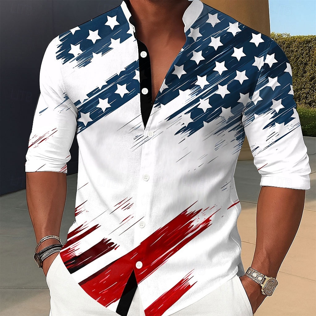 Independence Day Men's US Flag Patriotic Fourth of July Shirt Stand Collar Shirt Casual Dress Shirt Long Sleeve Casual Holiday Summer Spring Mandarin Collar Band Collar 3D Print Button Up Shirts 2025 - $25.99 –P1
