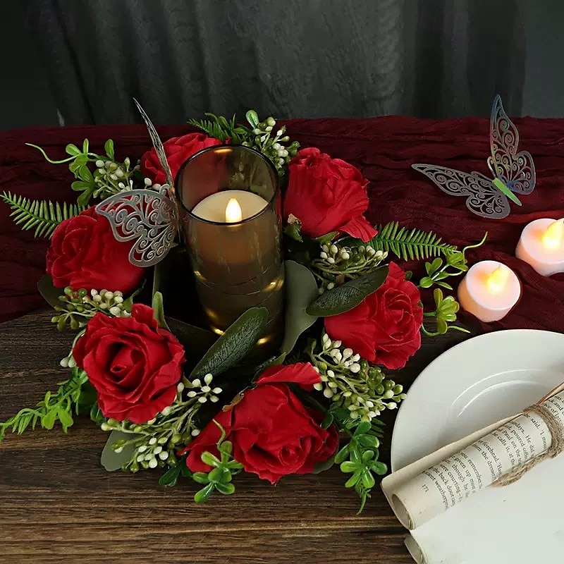 műrózsa gyertyagyűrű koszorú, virágos gyertyatartó dekoráció esküvőre, asztaldíszre, fesztiválra vagy európai stílusú lakberendezésre 2026 - $11.99 –P1