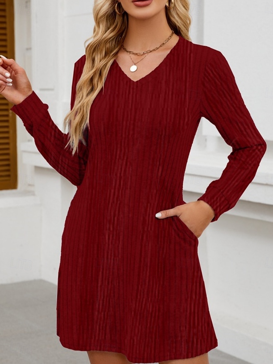 Women's Mini Dress A Line Dress Casual Daily Regular Fit Plain Long Sleeve V Neck Wine Light Brown Green Dark Gray Winter Autumn 2025 - $21.99 –P3