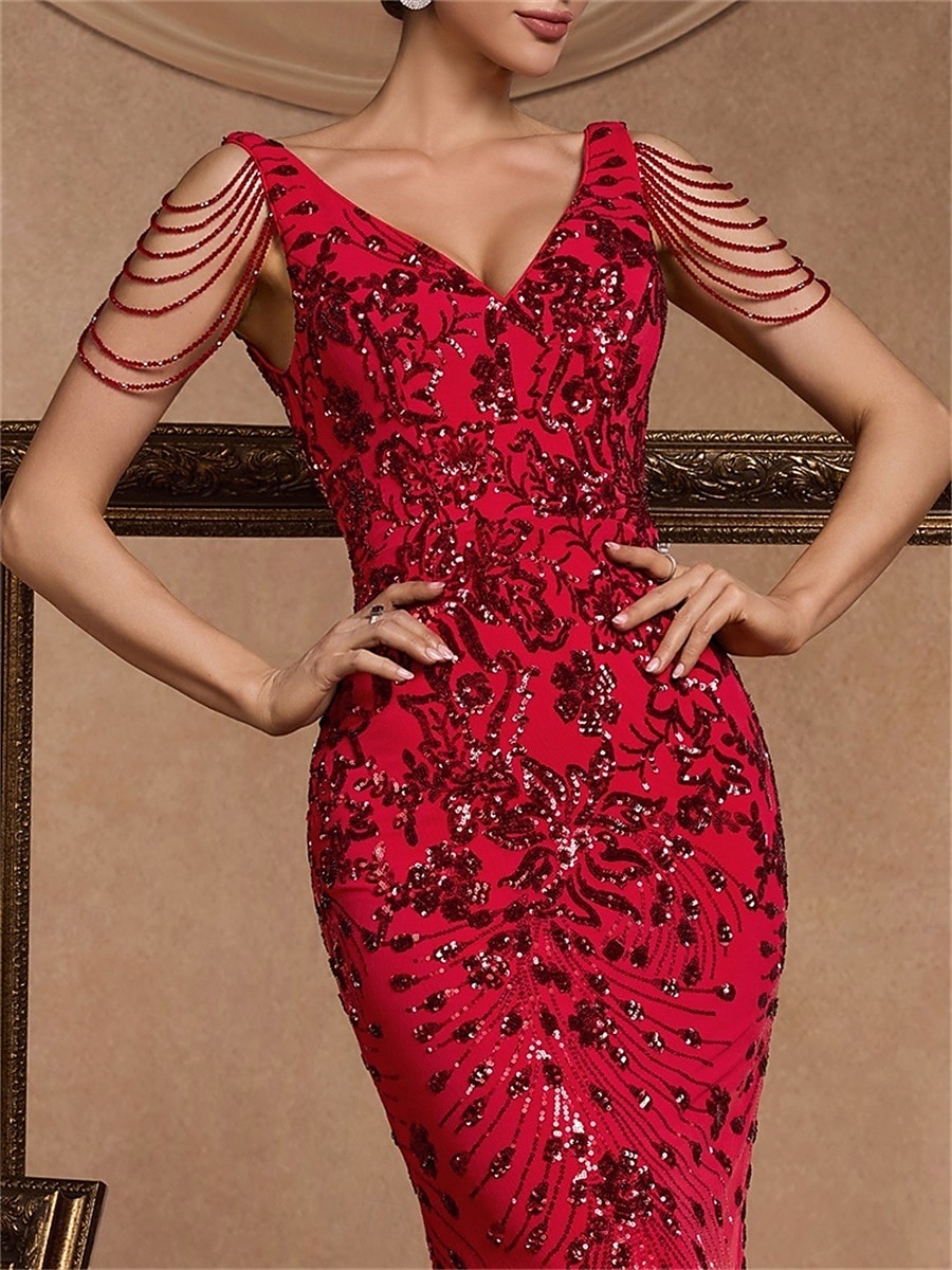Vestidos de quinceañera de sirena/trumpet vestido elegante boda invitada de boda larga sin mangas con cuello de pico poliéster sin espalda con lentejuelas 2025 - $109.99 –P5
