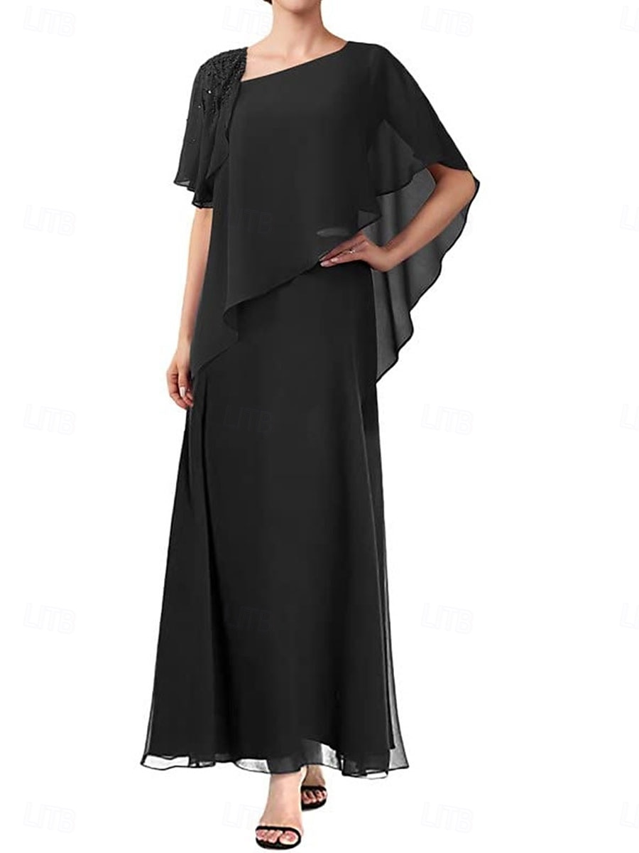 A-Line Mother of the Bride Dress Elegant Simple Square Neck Ankle Length Chiffon Short Sleeve with Solid Color 2025 - $109.99 –P5