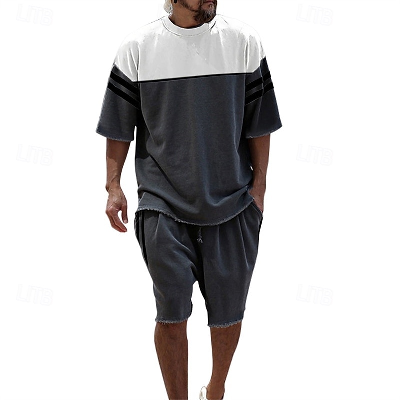 Voor heren T-shirt past 2 stuks outfits T-shirt en korte broek Korte mouw Strakke ronde hals Zomer Kleurenblok Modieus Casual 2-stuks Vakantie Alledaagse kleding Uitgaan Zwart Blauw Groen Top T-shirt 2025 - $26.99 –P6