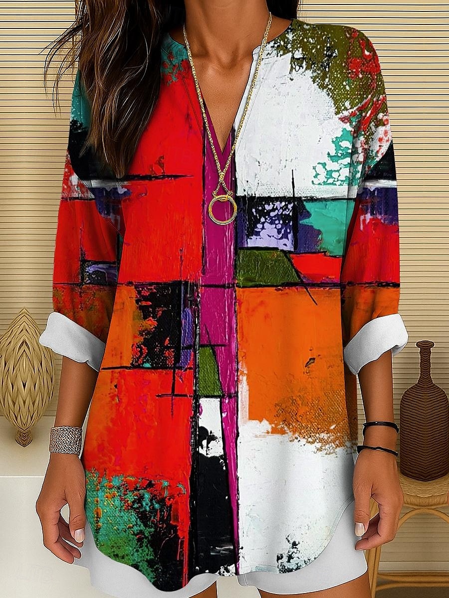 Femmes Chemisier Graphique Géométrique Abstrait ancien Tropical Hawaïen manche longue Col en V Hauts Réguliers Quotidien Fête Tenue de plage Imprimé Jaune Rouge Bleu Violet Vert Été Printemps de 2025 ? $19.99 –P6