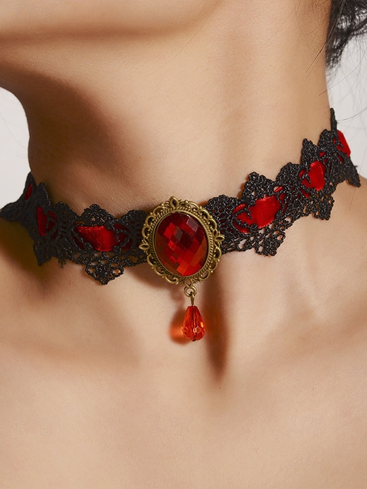 Collier ras du cou gothique en dentelle pour femme avec pendentif en pierre rouge, bijou vintage en velours noir pour fête d'Halloween et cosplay costumé de 2025 ? $7.99 –P5