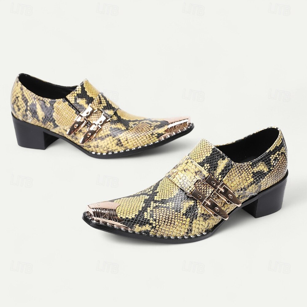 Chaussures habillées en cuir imprimé peau de serpent pour hommes – mocassins formels en cuir de vachette de qualité supérieure avec doubles boucles métalliques, bout pointu et clous pour les banquets en soirée, les galas de mode et les soirées masquées de 2025 ? $119.99 –P5