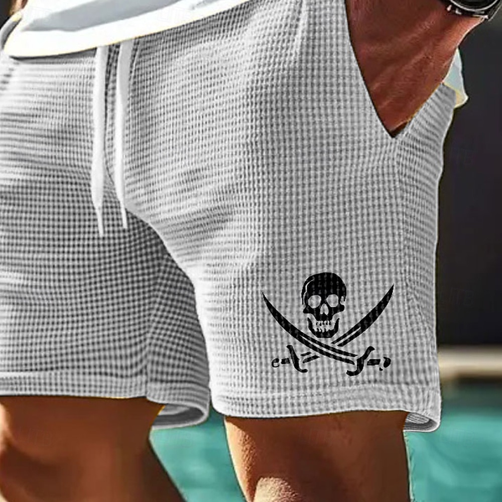 Homens Caveiras Pirata Calções Waffle Shorts de moletom Shorts casuais Cintura Média Moda Casual Férias Corrida Dar certo Cintura elástica com cordão Shorts com bolsos Designer Roupa de 2025 por $21.99 –P7