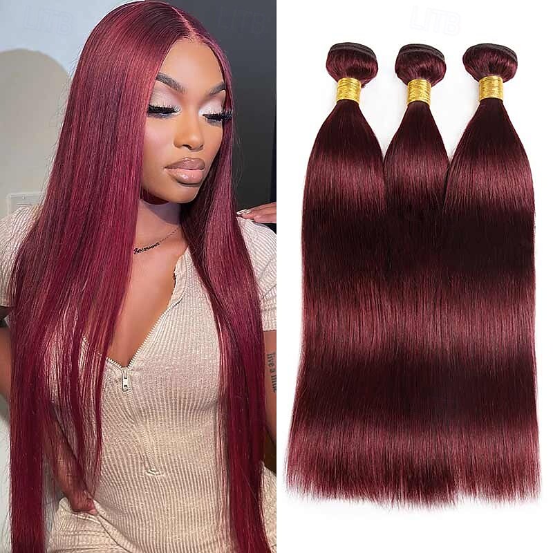 99j# cor bordô cabelo 3 pacotes de cabelo humano extensões de cabelo humano liso 12-24 polegadas de 2026 por $175.99 –P2