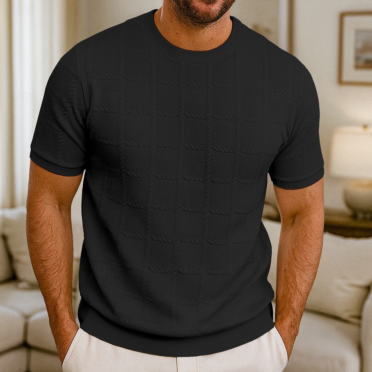 Hombre Camiseta de gofre Camiseta Tee Camisa manga corta Manga Corta Cuello Barco Verano Todas las Temporadas Plano Moda Design Básico Jacquard Casual Vacaciones Calle Blanco Camiseta superior para 2026 - $20.99 –P5