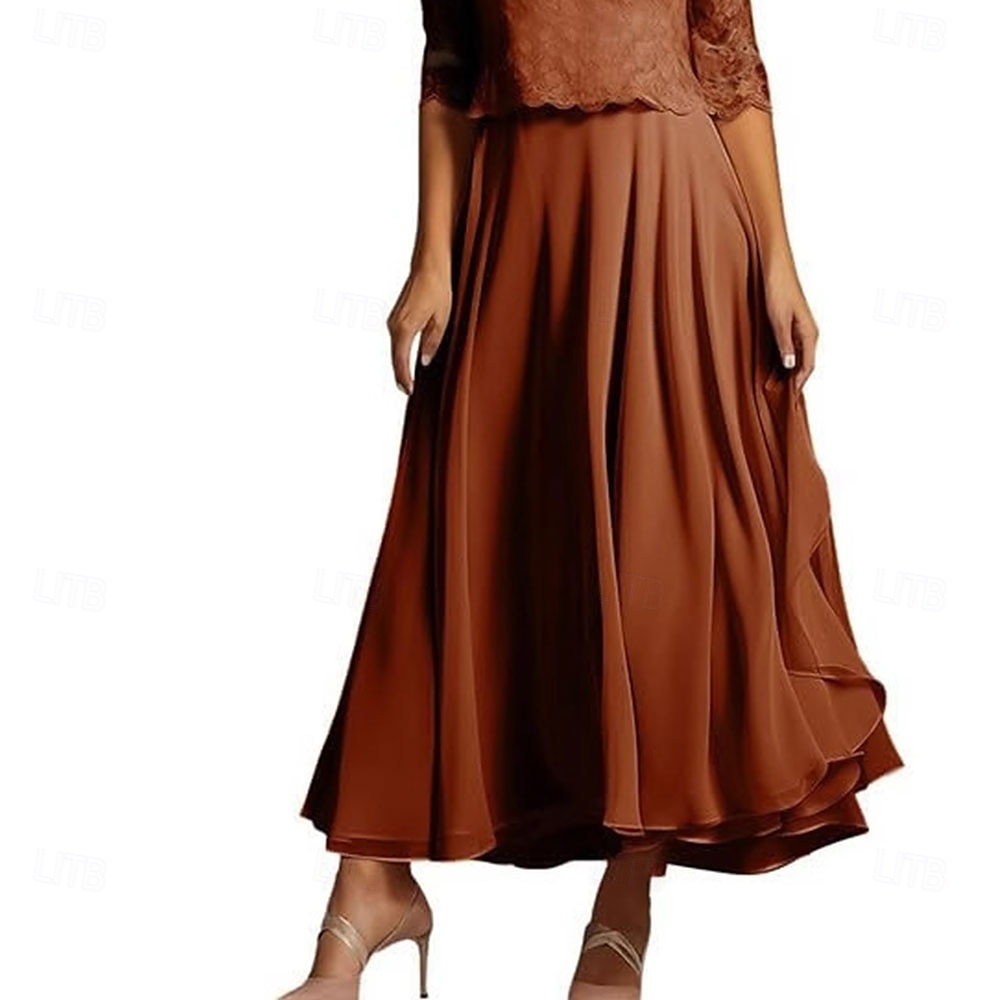 A-Linie Brautmutterkleid Elegant Einfach Rundhalsausschnitt Knöchellänge Polyester Halbarm mit Falten Einfarbig 2025 2025 - $109.99 –P2