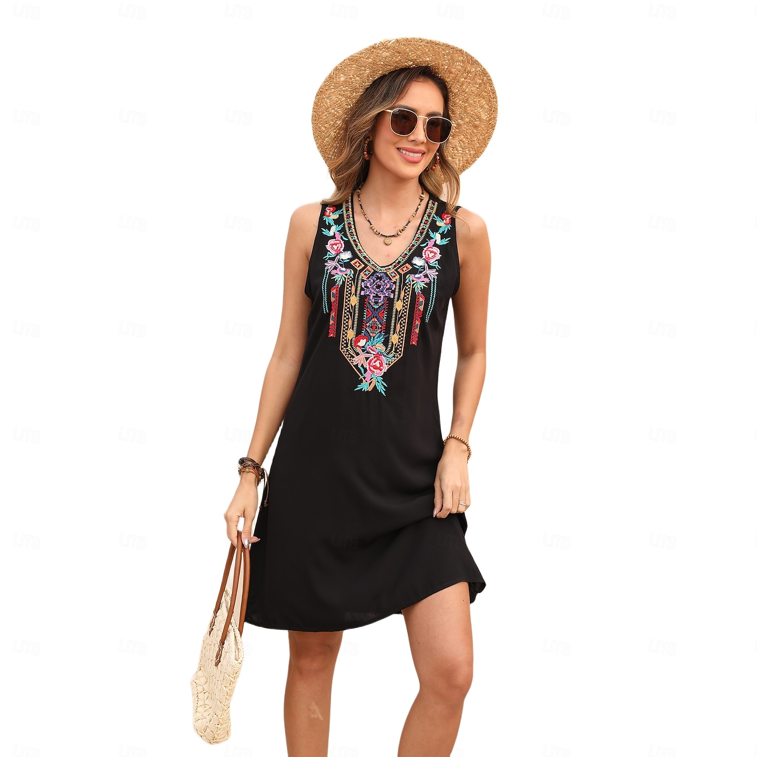 Pentru femei Rochie Mini Rochie casual Modă Modern Rochie eleganta Beretă Nuntă Zilnic Dată Fit regulat Floral Broderie Fără manșon În V Negru Vară 2025 - $27.99 –P4