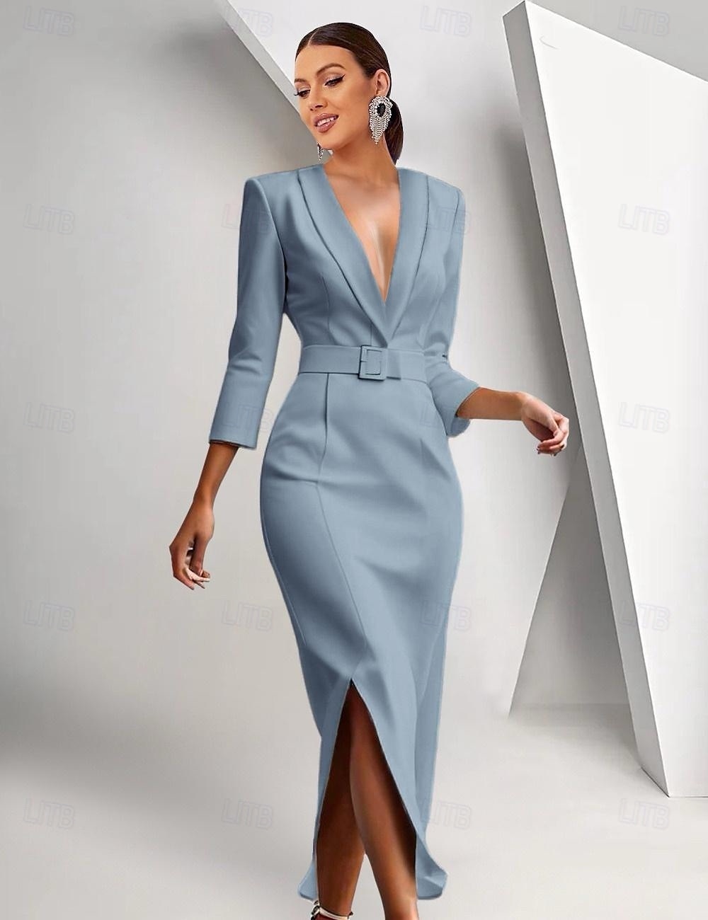 Blazer-Kleid Meerjungfrau  Trompete Brautmutter Kleid Krepp Smoking Kleid Elegantes Hochgeschnittenes Schalkragen Bodenlang 3/4 Ärmeln mit Gürtel Farbblock Einfarbig 2025 2025 - $169.99 –P6