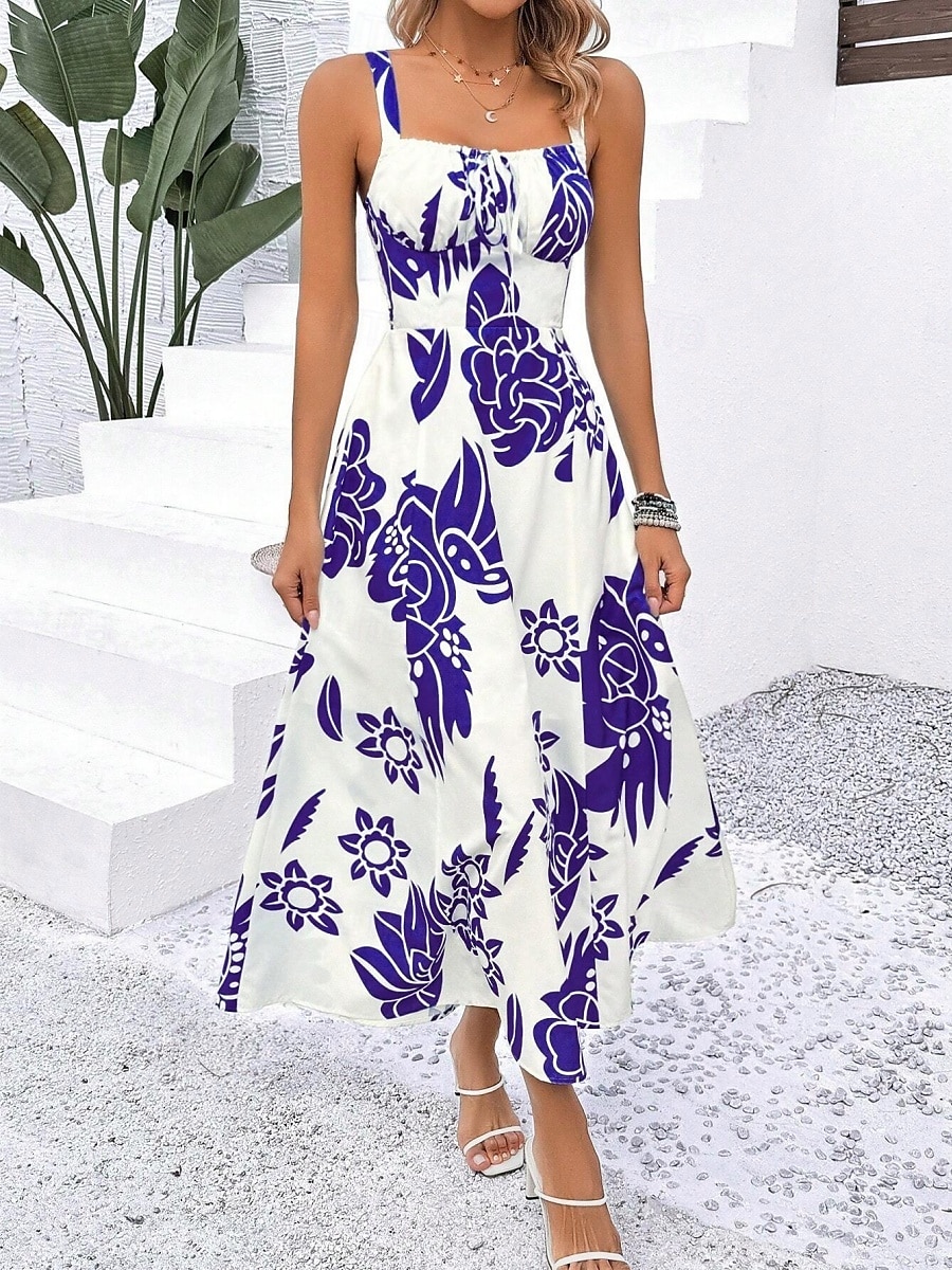 Női Maxiruha A vonalú ruha Slip ruha Szabadság Alkalmi Boho Szabadtéri Alkalmi Normál Virágos Ujjatlan Spagettipánt Sötétkék Medence Lóhere Nyár Tavasz 2025 - $34.99 –P16
