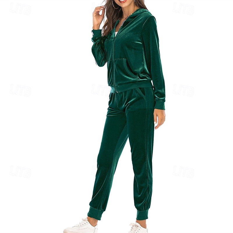 Women's Tracksuit Sweatpants Hooded Jacket Zipper Pocket Solid Colored Clothing Suit Fall Black Burgundy Velour Gym Workout Sports Windproof Long Sleeve Sport Activewear Micro-elastic Regular Fit 2025 - $42.99 –P2