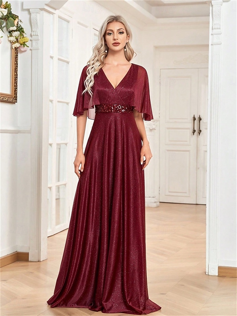 Robe de quinceanera A-Line élégante robe formelle de mariage longueur sol manches courtes col en V en satin avec plis de 2025 ? $99.99 –P7