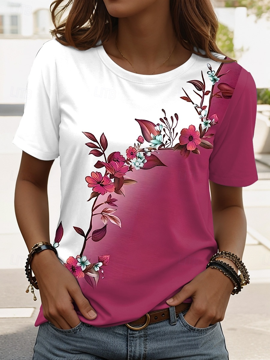 Dame T skjorte Blomstret Grafisk Planter Årgang Stilfull Klassisk Kortermet Crew-hals Vanlige topper Daglig Trykt mønster Rød Blå Lilla Grønn Sommer Vår 2025 - $19.99 –P4