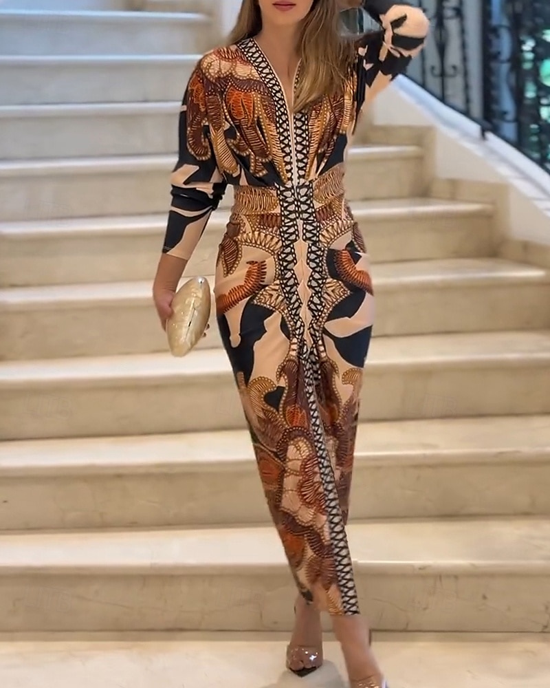 Femmes Robe Midi Robe Portefeuille Vacances Occasionnel Boho Extérieur Sortir Plage Coupe Ample Fleuri Graphique Paisley manche longue Col en V Orange Été Printemps de 2025 ? $41.99 –P4