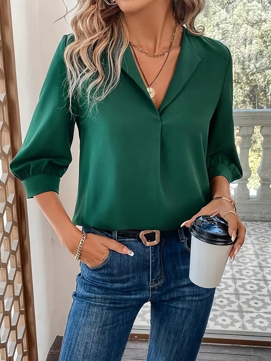 Mujer Blusa Color sólido Elegante Básico Casual Manga 3/4 Cuello Camisero Tops regulares Oficina Trabajo Negro Vino Verde Trébol Verano Primavera Otoño 2026 - $25.99 –P4