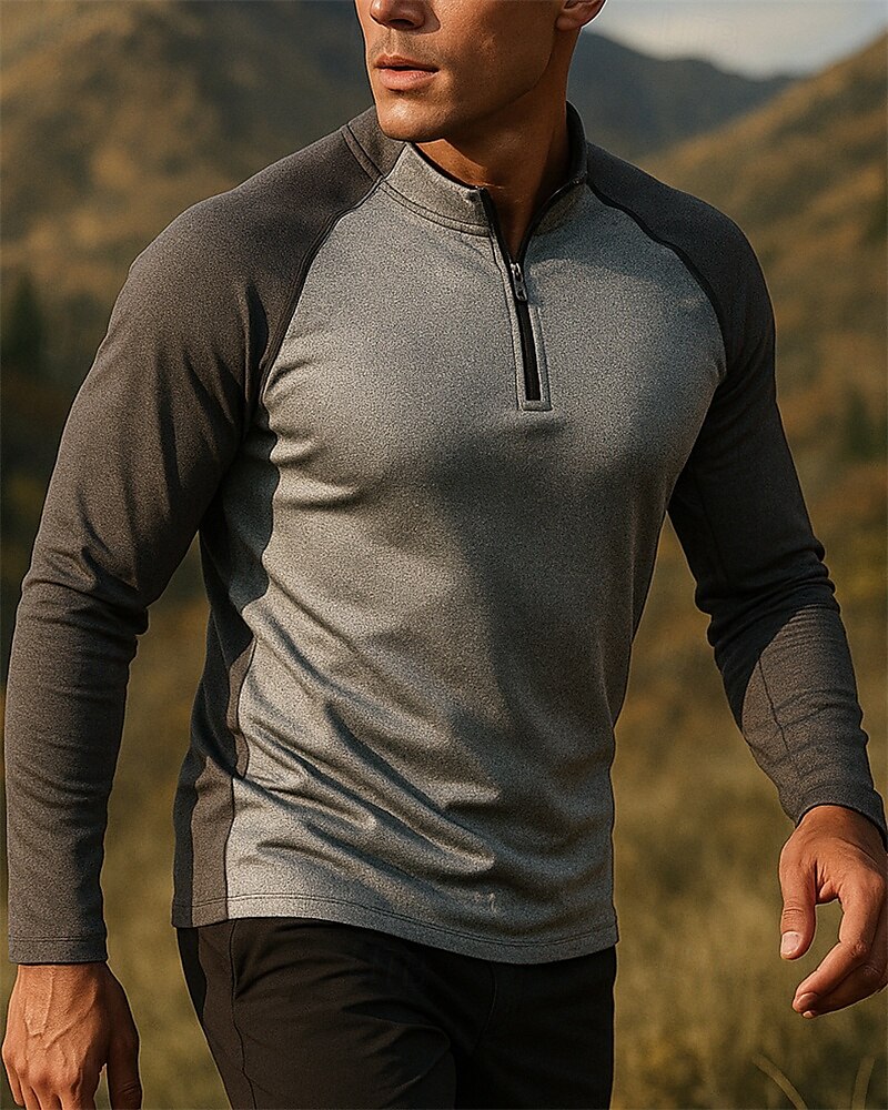 Herren Polo-Sweatshirt Wanderspitze Langarm Stehkragen T-Shirt Oberteil Außen Atmungsaktiv Schnelltrocknend Leicht Viertelreißverschluss Polyester Patchwork Dunkelgrau Tennis Golfspiel Laufen 2025 - $15.99 –P3