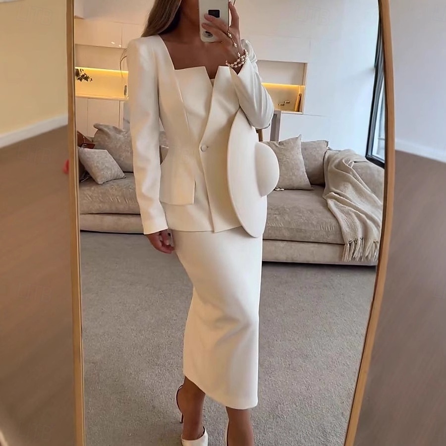 Zweiteilig Meerjungfrauenschnitt Brautmutterkleid Formell Elegant Einfach Minimalistisch Quadrathals Tee-Länge Krepp Stretchstoff Langarm mit Einfarbig 2025 2025 - $139.99 –P2