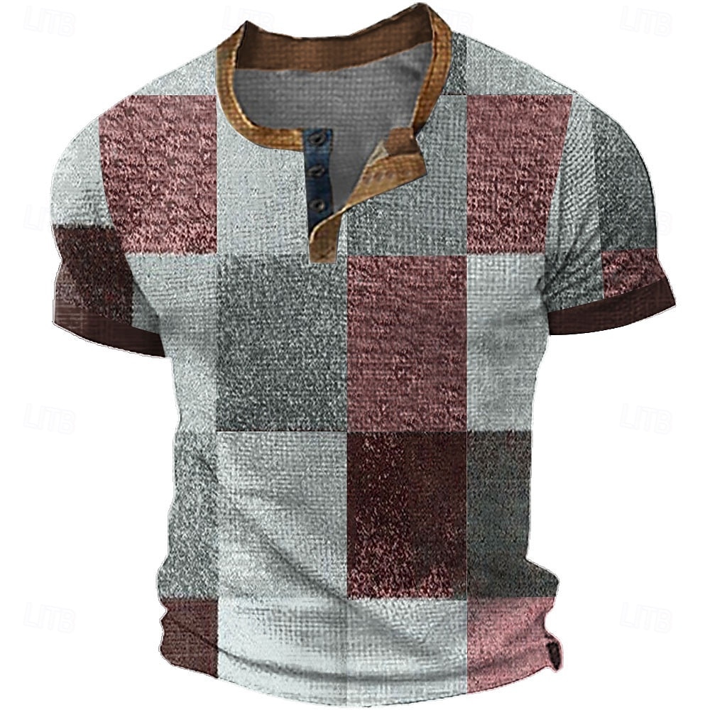 Miesten Faux Patchwork kuvio Henley-paita Vohveli T-paita Lyhythihainen Päivittäin Retro / vintage Klassinen Urheilu ja ulkoilu Kausaliteetti Pyhäpäivä Kevät kesä Kaikki vuodenajat Sininen Keltainen 2025 - $19.99 –P4