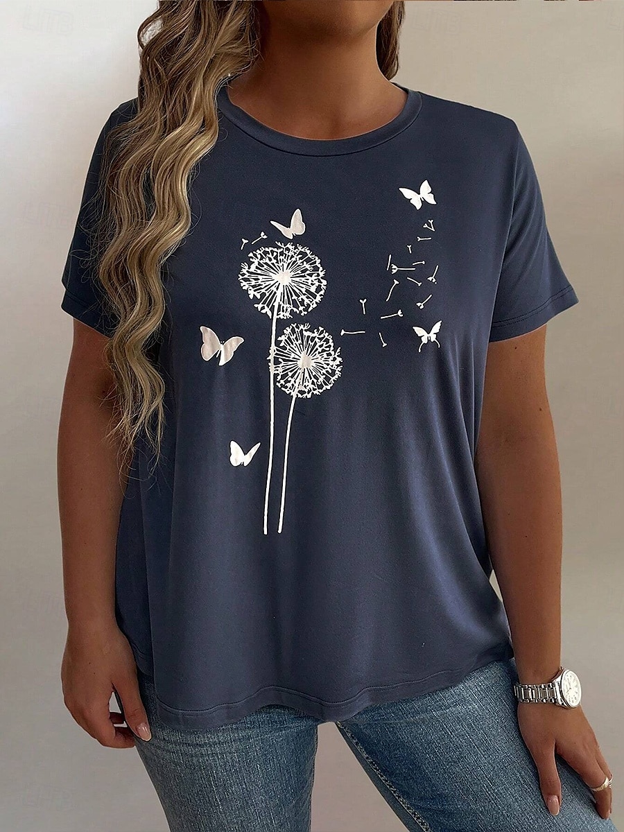 Women's Plus Size Tops T Shirt Floral Striped Print Short Sleeve Crew Neck Casual Daily Polyester Summer White Light Green 2025 - $19.99 –P2