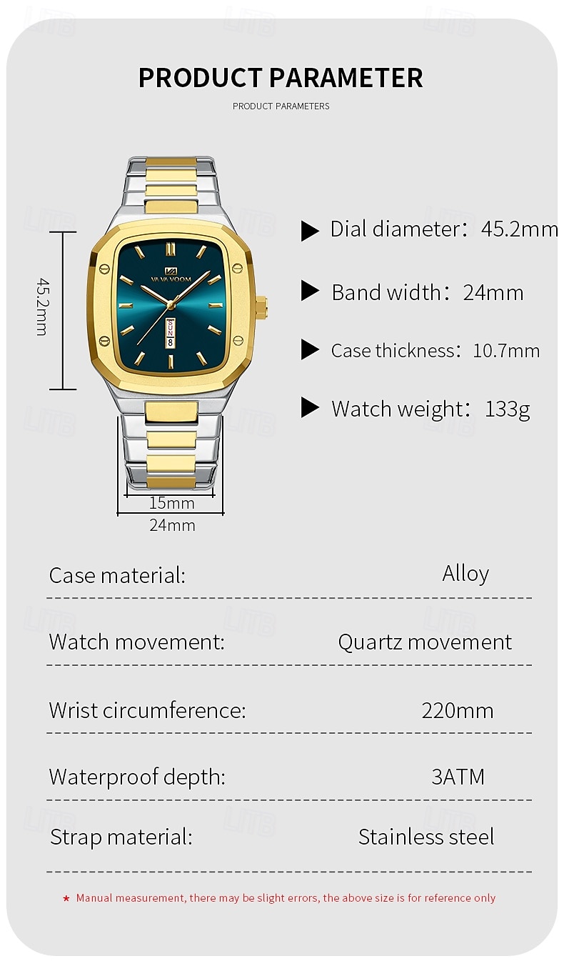VA VA VOOM Top Brand Men Wrist Watches Luxury Waterproof Gold Black Silver Date Week Display Square Watch for Men Stainless Steel Watc 2025 - $26.99 –P4
