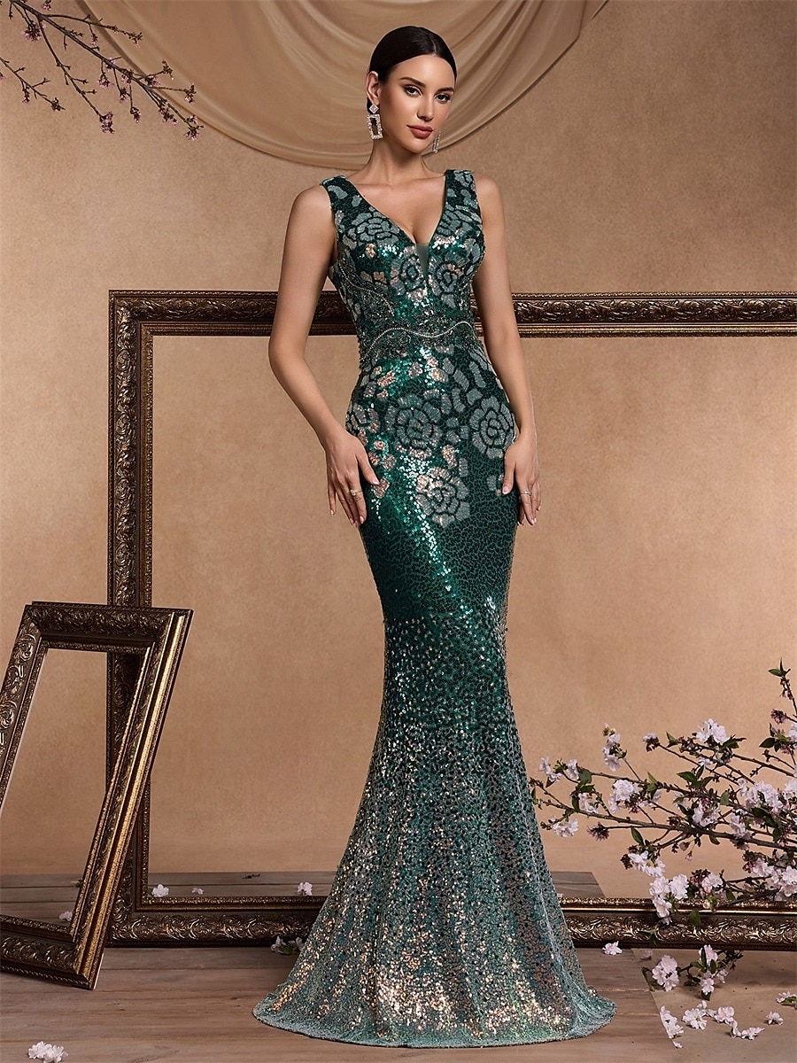 Zeemeermin  Trompet Quinceanera Jurken Elegante Jurk Formele Bruiloft Vloerlange Mouwloos V-hals Sequined Rugloos met Sequins 2025 - $119.99 –P5