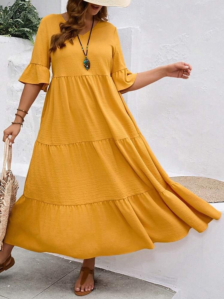 Women's Maxi Dress A Line Dress Vacation Casual Beach Daily Holiday Date Plain Half Sleeve V Neck Navy Black Ivory Yellow Summer 2025 - $39.99 –P14