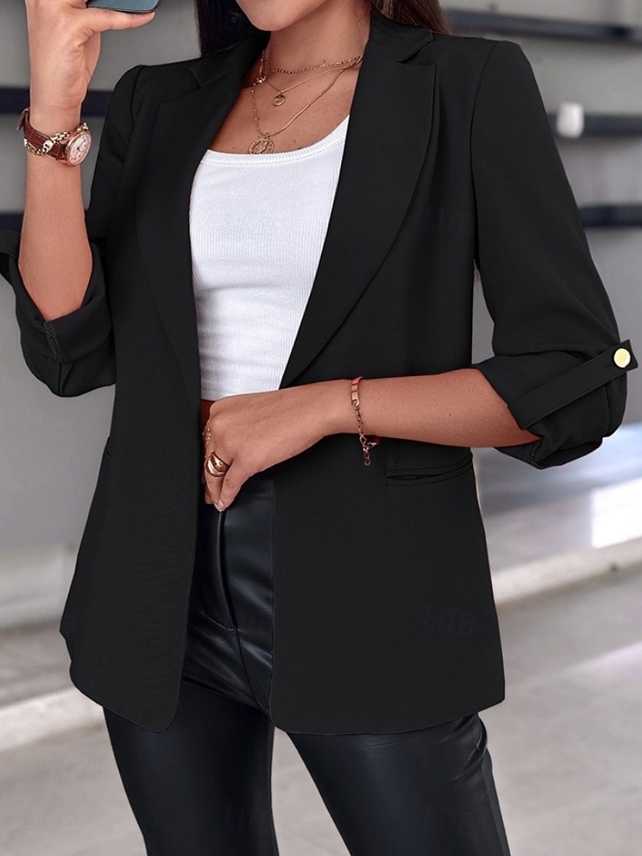 Women's Blazer Breathable Comfortable Pocket Casual Plain Office Street Casual Daily Wear Open Front Regular Turndown Regular Fit Long Sleeve Outerwear Black White Pink Summer 2025 - $23.99 –P2