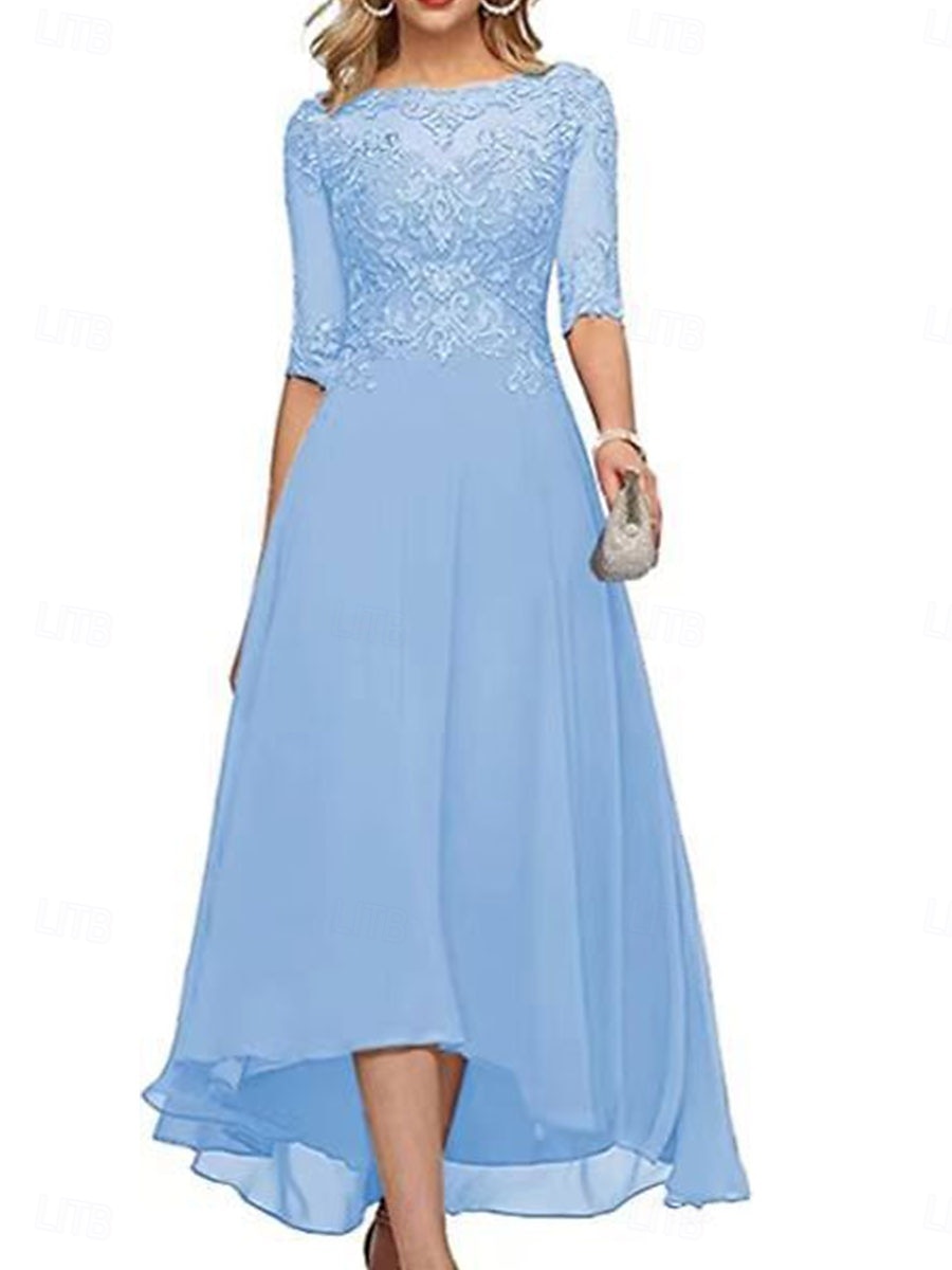 A-Line Mother of the Bride Dress Elegant Crew Neck Floor Length Chiffon Half Sleeve with Solid Color 2025 2025 - $119.99 –P21