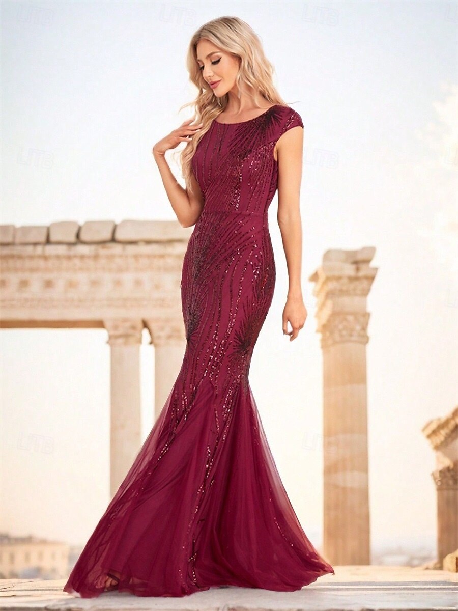 Vestidos de Quinceanera Elegantes Sereia  Trompete para Casamento Formal Comprimento Total Sem Mangas Decote Barco em Poliéster com Lantejoulas de 2025 por $99.99 –P7