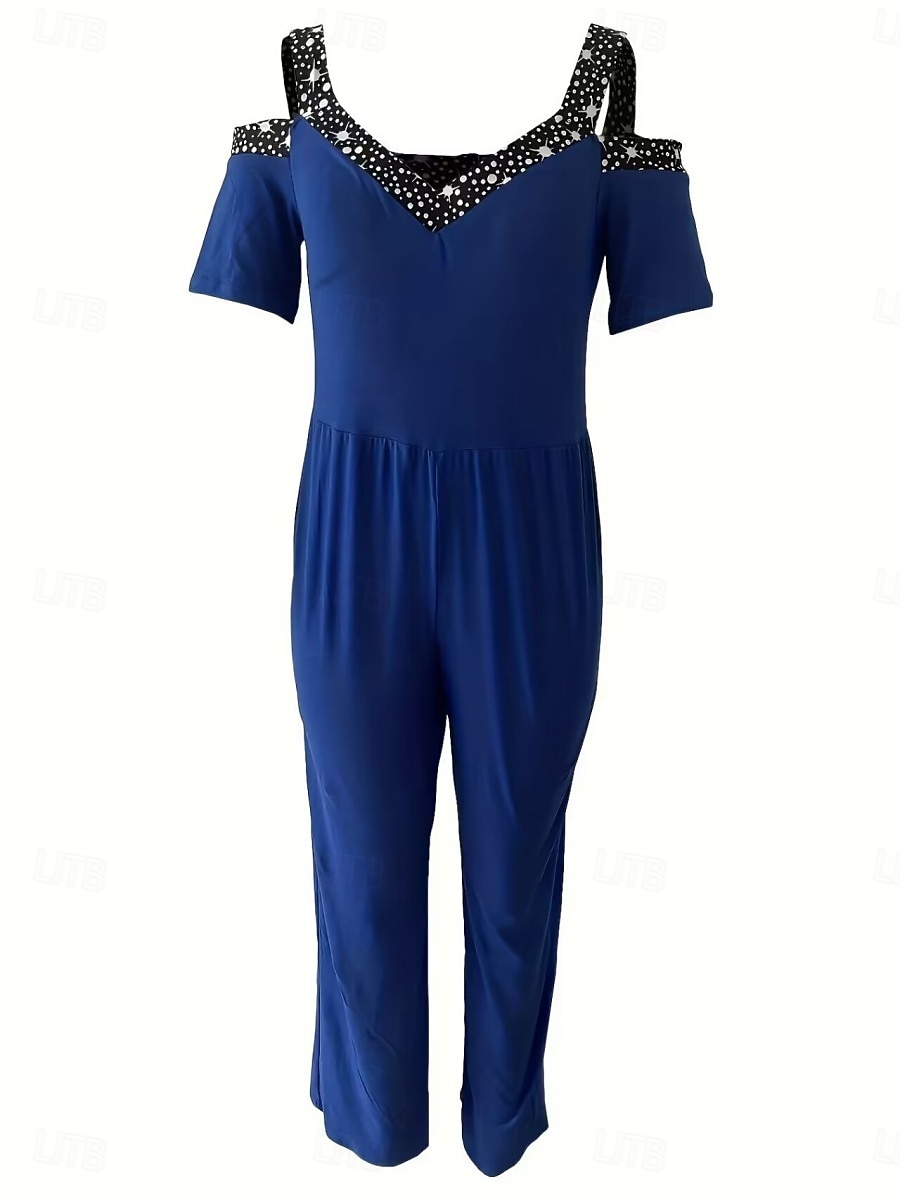 Women's Normal Jumpsuit Elegant Geometric Short Sleeve Wide Leg V Neck Patchwork High Waist Party Work Regular Fit Black Wine Blue Summer 2026 - $28.99 –P9