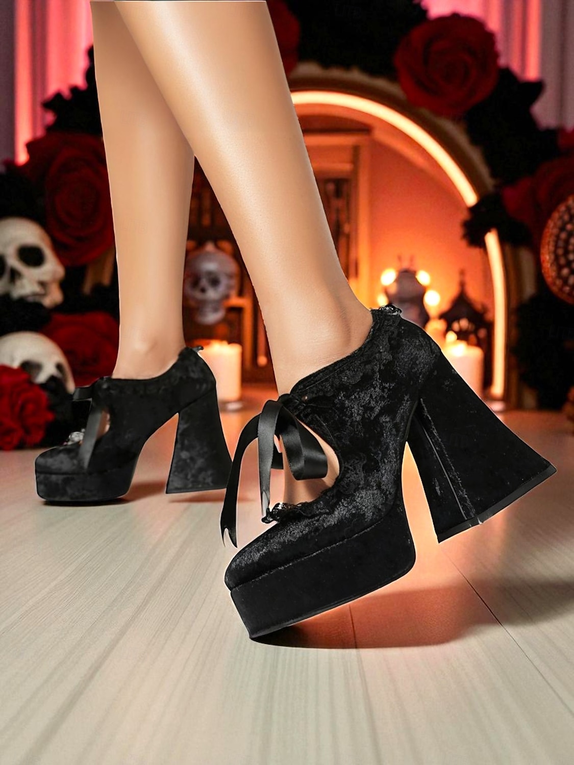 Scarpe con plateau in velluto in stile vittoriano gotico del XIX secolo da donna - décolleté mary jane bordeaux con rifiniture in pizzo e nastro per Halloween, cosplay e moda lolita del 2025 a $64.99 –P2