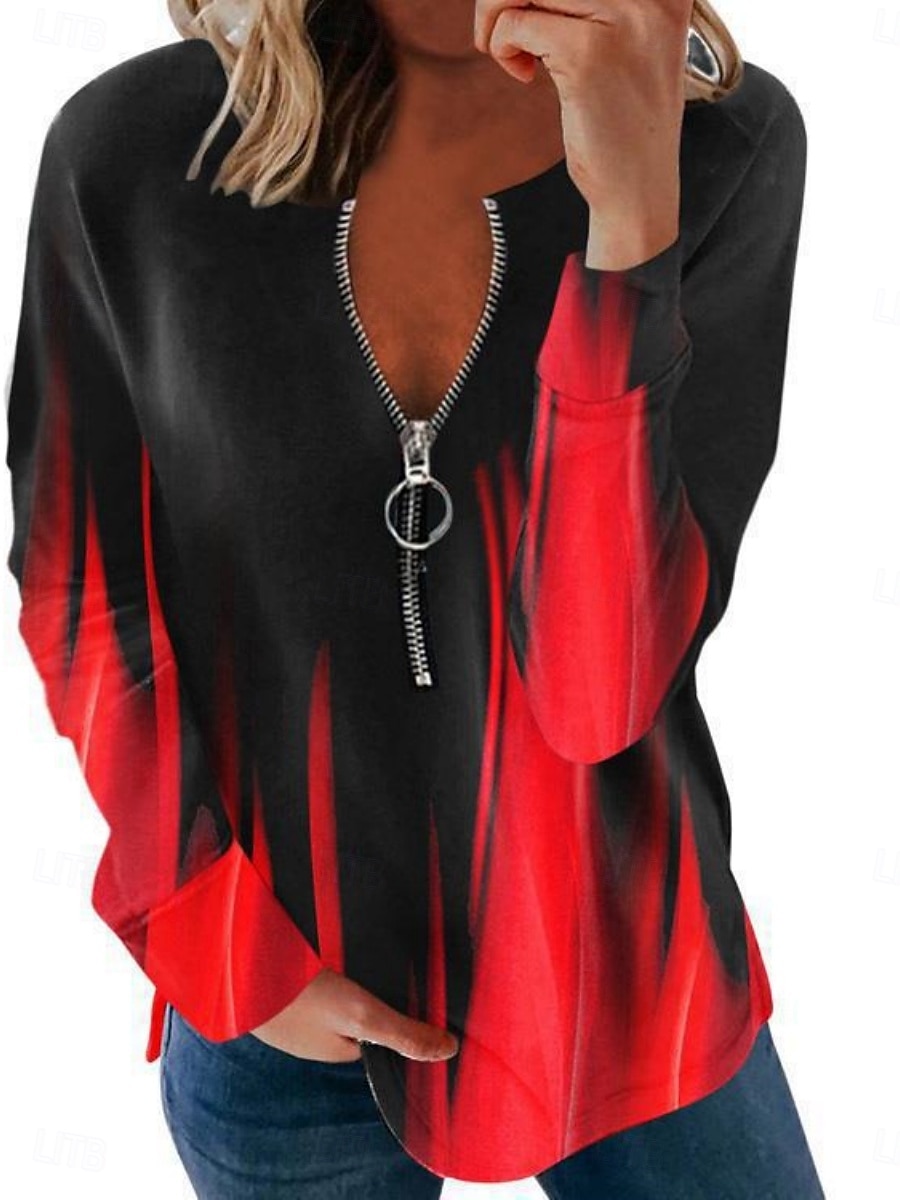 Pull zippé quart femme géométrique décontracté manches longues col rond tops réguliers vêtements de tous les jours imprimé décontracté noir blanc rouge bleu gris automne hiver de 2025 ? $16.99 –P1
