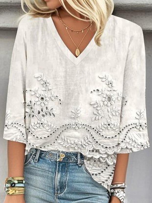 Per donna Blusa Floreale Grafico Elegante Casual Spiaggia Manica 3/4 Scollo a V Top Regolari Quotidiano Ferie Uscire Stampato Bianco Rosa Blu Estate Primavera del 2025 a $25.99 –P3
