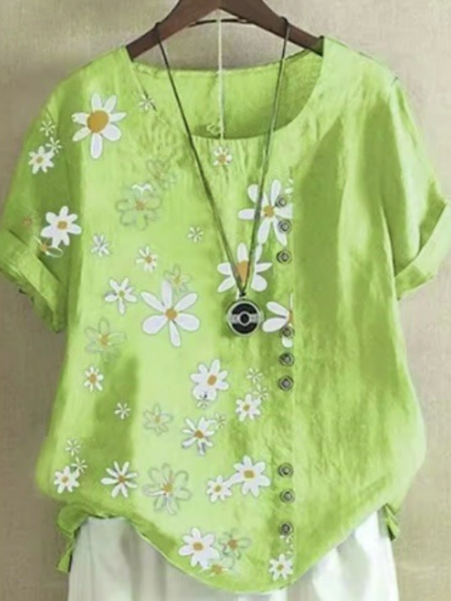 Vrouwen Linnenachtige Faux Katoen Linnen Shirts Geborduurde Bloemen Basis Casual Korte Mouw Crew Neck Reguliere Tops Dagelijkse Marineblauw Groen Lichtblauw Zomer Lente 2026 - $21.99 –P2