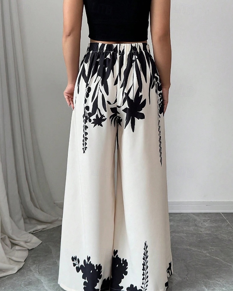 Women's Wide Leg Slacks Streetwear Casual Full Length Natural Flower Elastic Waist Printing Comfy Outdoor Comfortable Holiday Weekend Black White Fall Regular Fit 2026 - $24.99 –P3