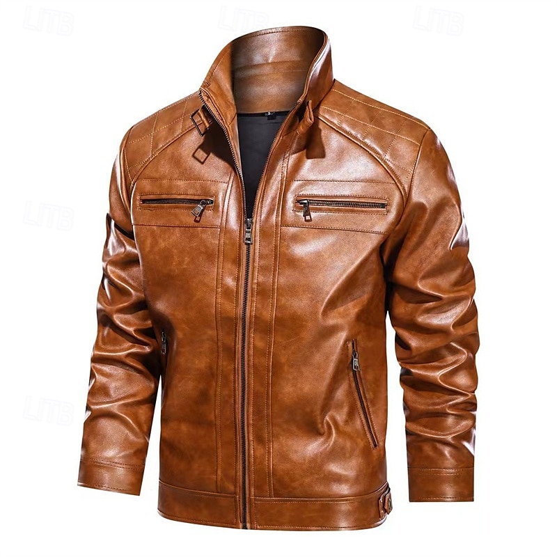 Herren Kunstlederjacke Bikerjacke Rote Lederjacke Motorradjacke Urlaub Täglich Winddicht Warm Tasche Herbst Winter Einfach Mode Klassisch Stehkragen Regulär Schwarz Rote Braun Jacken 2025 - $63.99 –P6