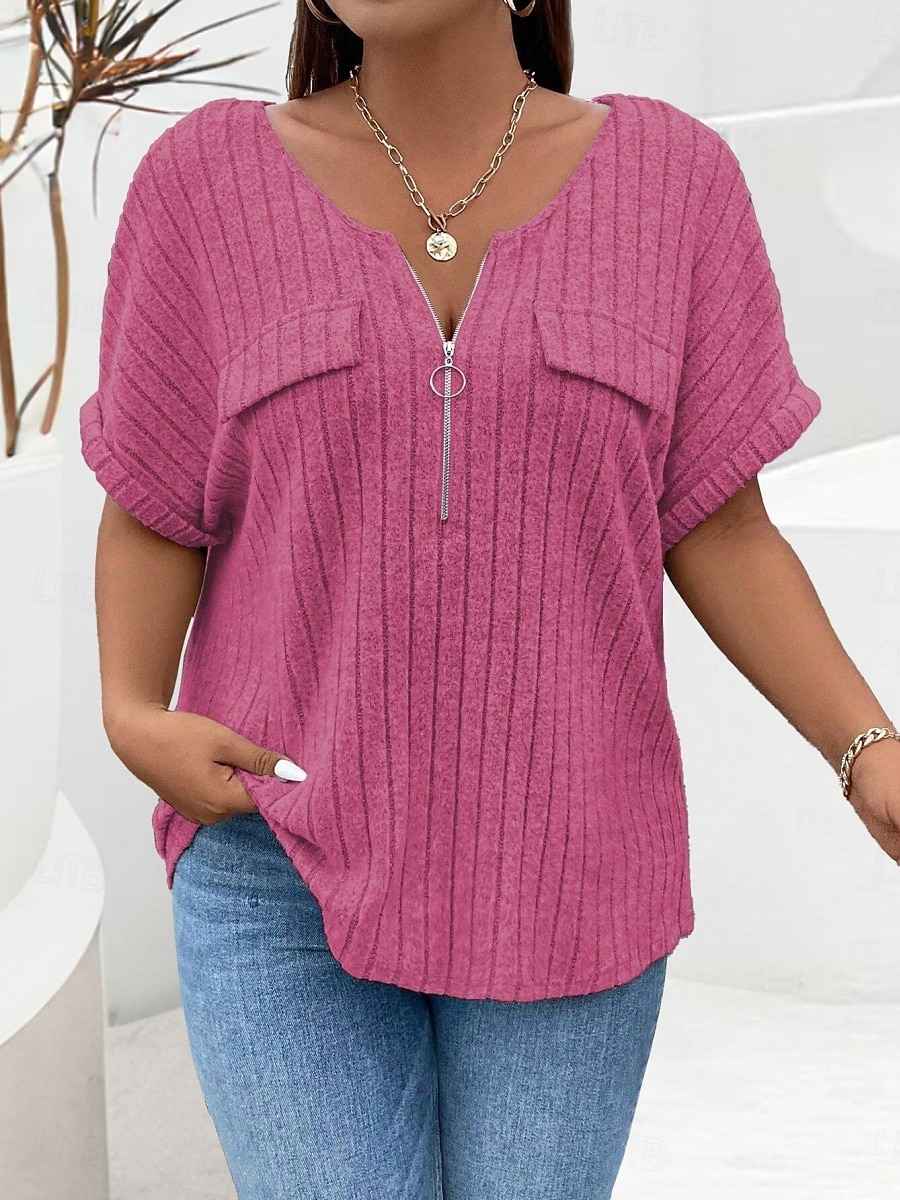 Dámské Plus velikost Topy Tričko Pevná barva Zip Kapsy Krátký rukáv Do V Módní Šik ven Na běžné nošení Denní Víkend Polyester Léto Podzim Světlá růžová Fialová 2025 - $23.99 –P2
