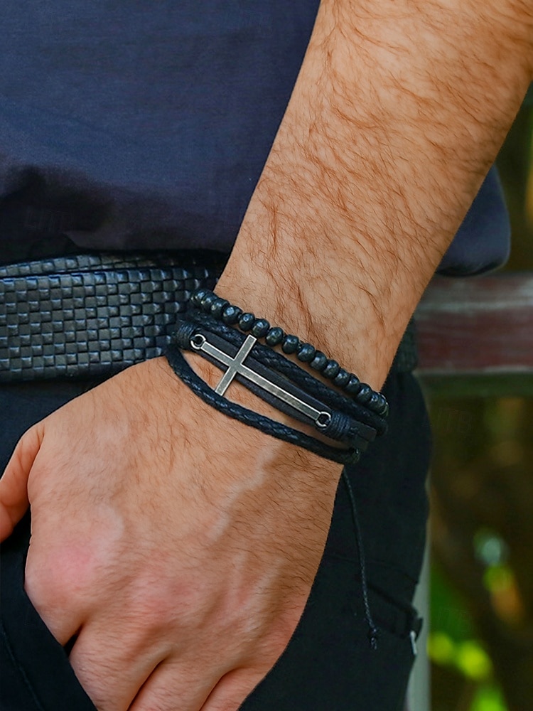 Gothic-Kreuz-Lederperlenarmband für Herren – mehrlagiges Vintage-Armband für Halloween-Partys und Retro-Punk-Stil 2025 - $9.99 –P1