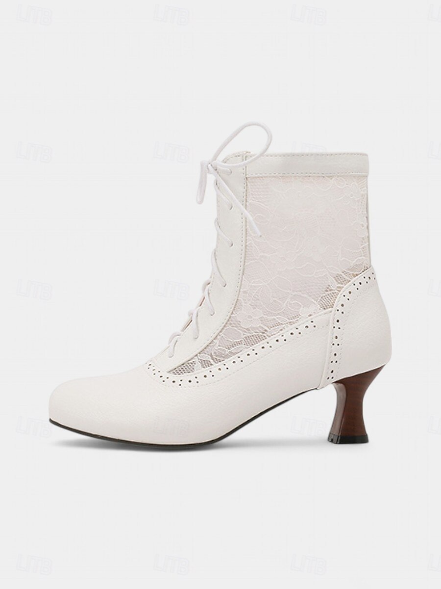 Botas femininas vintage dos anos 1930, com cadarço, brancas, com inserções de renda floral – saltos elegantes em estilo retrô para eventos formais, casamentos e festas de 2025 por $54.99 –P12