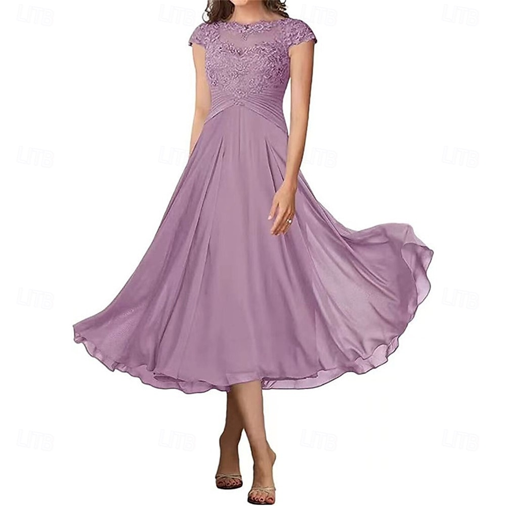 A-Linie Brautmutterkleid Elegant Einfach Rundhalsausschnitt Knöchellänge Chiffon Kurzarm mit Falten Einfarbig 2025 2025 - $119.99 –P19