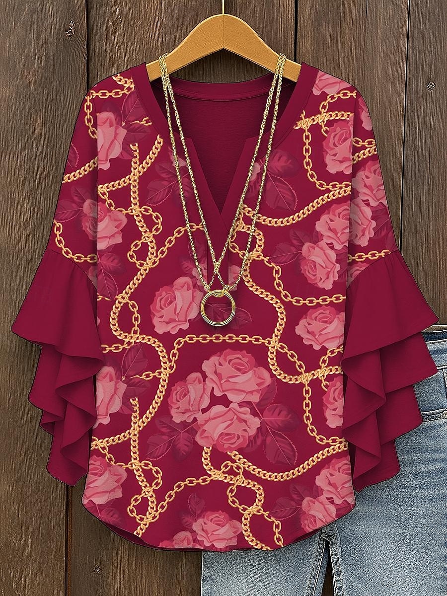 Dame Bluse Blomstret Grafisk Elegant Daglig Fritid 3/4 ermer V-hals Vanlige topper Daglig Ferie Trykt mønster Gul Rød Blå Lilla Grønn Sommer Vår Høst 2025 - $29.99 –P1