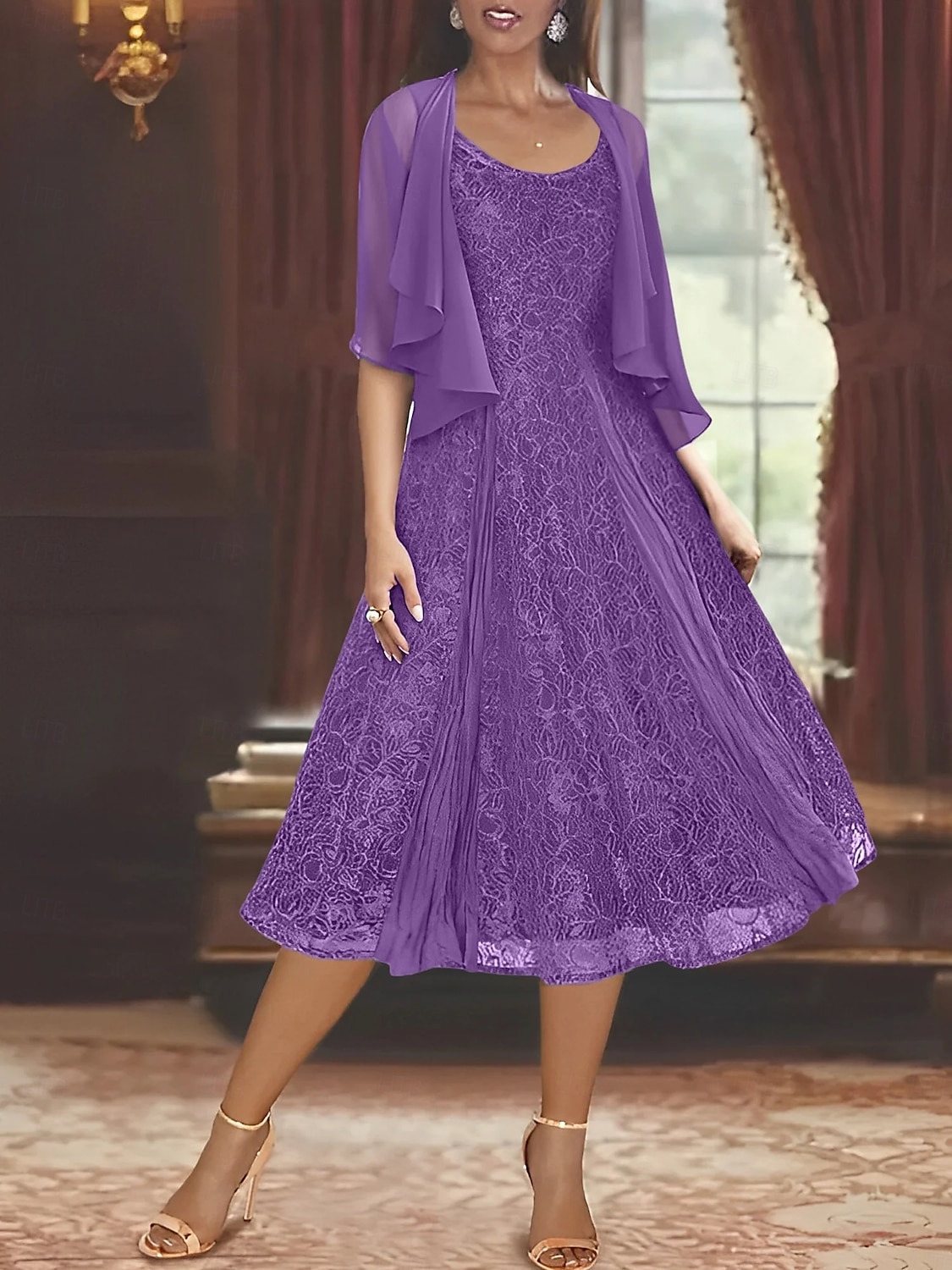 Zweiteiliges A-Linie Mutter der Braut Kleid Elegantes Einfaches Lässiges Bootsausschnitt Knöchellang Chiffon Lange Ärmel mit Spitzenrüschen 2025 - $129.99 –P9