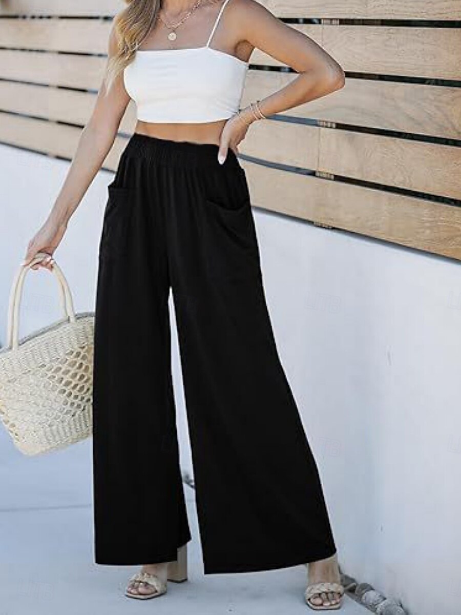 Per donna Gamba larga Chinos Vacanza Moda Streetwear Lunghezza intera Vita Alta Semplice Tasca Fascia Elastica Comodo Morbido Confortevole Micro-elastico All'aperto Streetwear Nero Fucsia Marrone del 2025 a $26.99 –P13