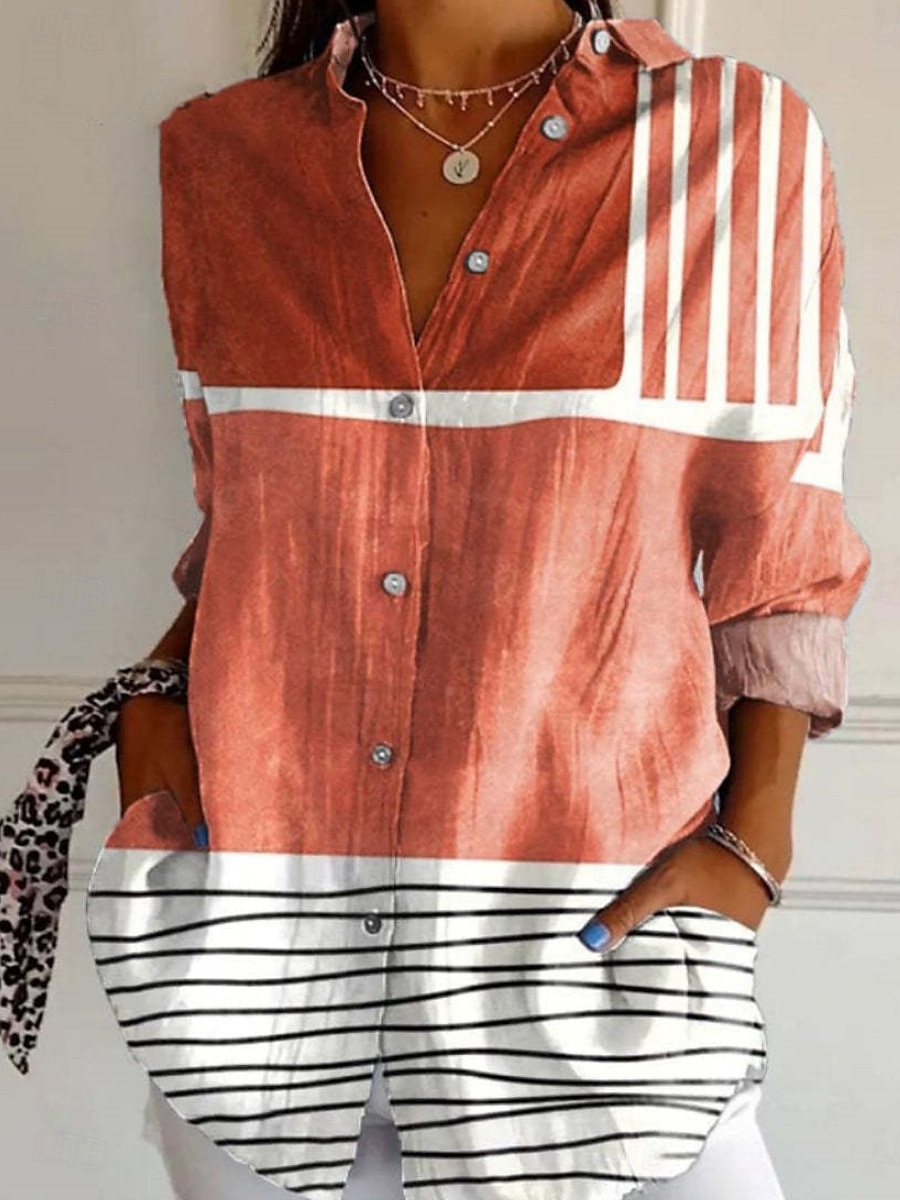 Femmes Chemise Fleuri Géométrique Élégant Moderne manche longue Col de chemise Hauts Réguliers Quotidien Fête Boutons Imprimé Rouge bleu marine Bleu Fuchsia Été de 2025 ? $25.99 –P2