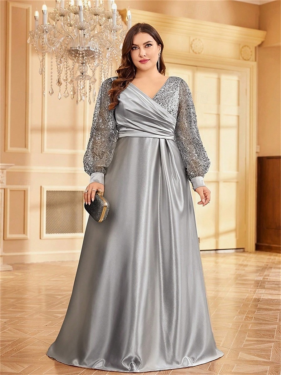 Robe A-Line Grande Taille Élégante Robe Courbe De Mariage Formelle Longue Au Sol Manches Longues Col en V En Polyester Avec Plis 2025 de 2025 ? $119.99 –P36