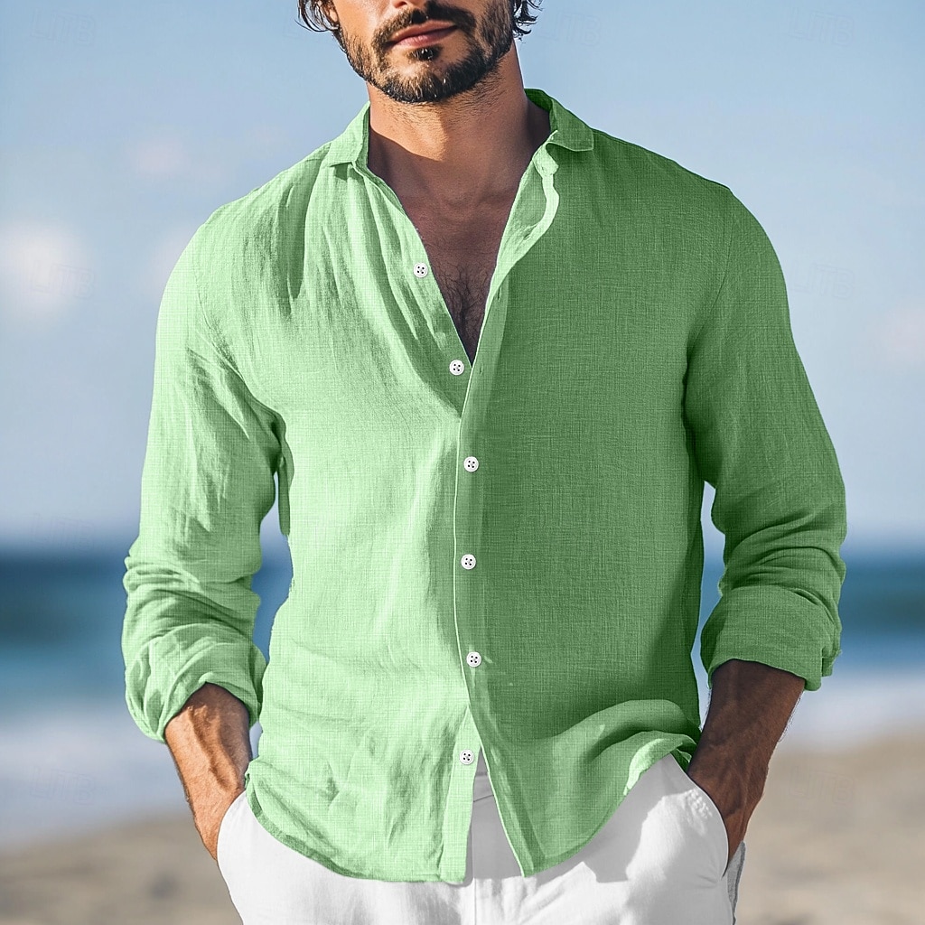 Herren Hemd Leinenhemd Sommerhemd Strandbekleidung Knopfhemd Einfach Urlaub Lässig Rote Blau Grün Grau Langarm Umlegekragen Sommer Frühling & Sommer Bekleidung 2025 - $23.99 –P1