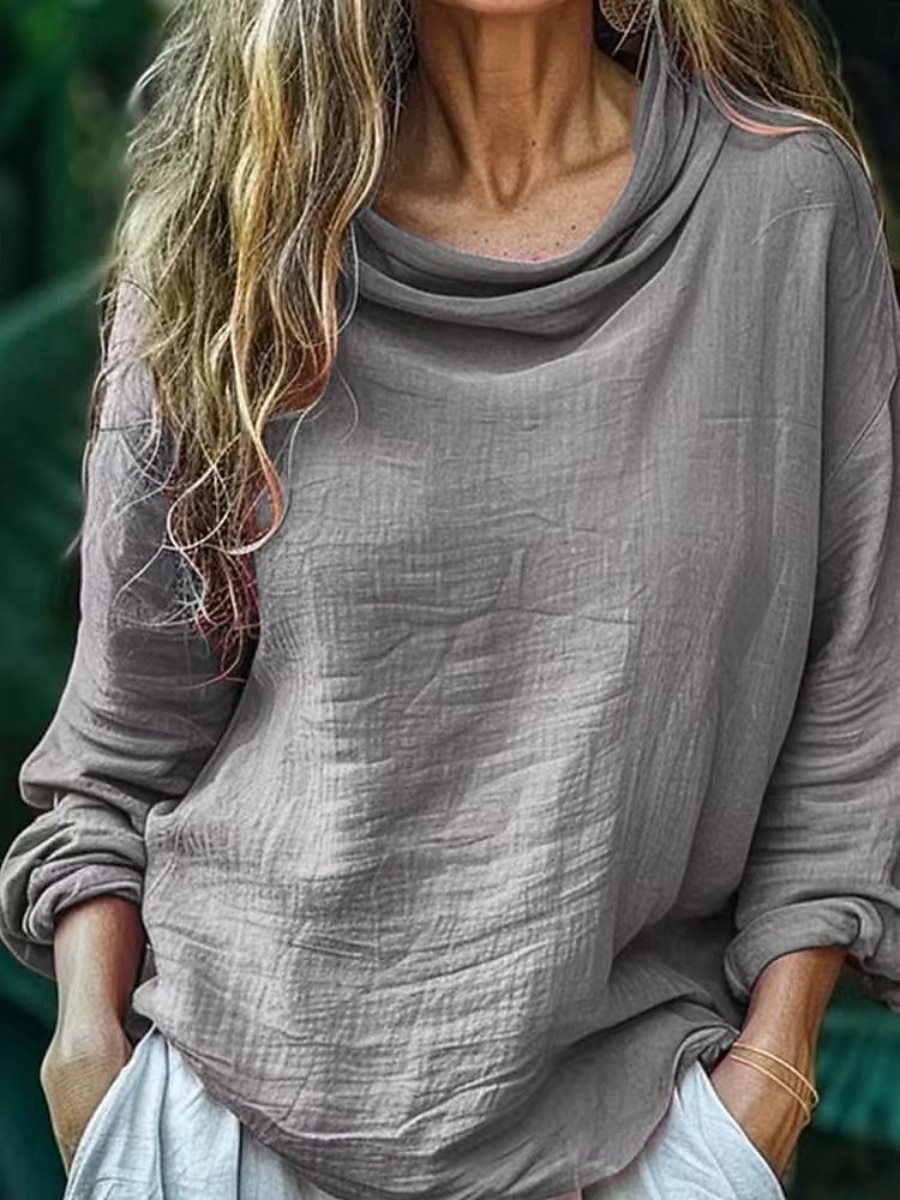 Dame Bluse Helfarge Daglig Fritid Langermet Cowl-hals Vanlige topper Daglig Drapering Svart Rosa Blå Fuksia Grå Sommer Vår 2025 - $21.99 –P3
